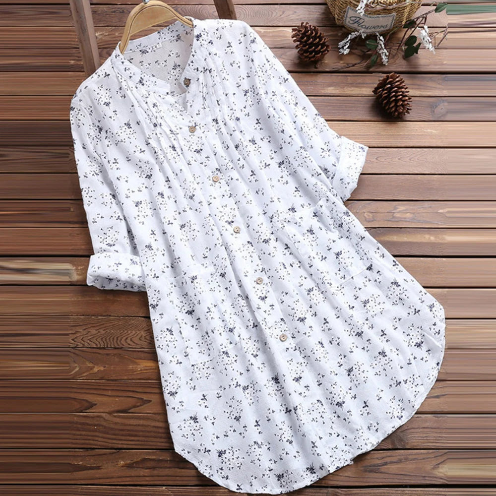 Elegant Plus Size Floral Cotton Linen Long Shirt - Women's Fashion