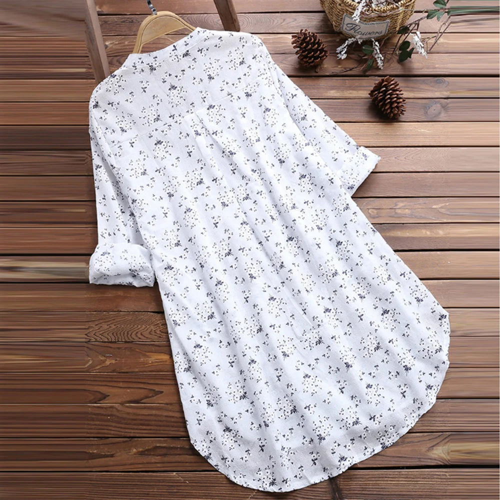 Elegant Plus Size Floral Cotton Linen Long Shirt - Women's Fashion