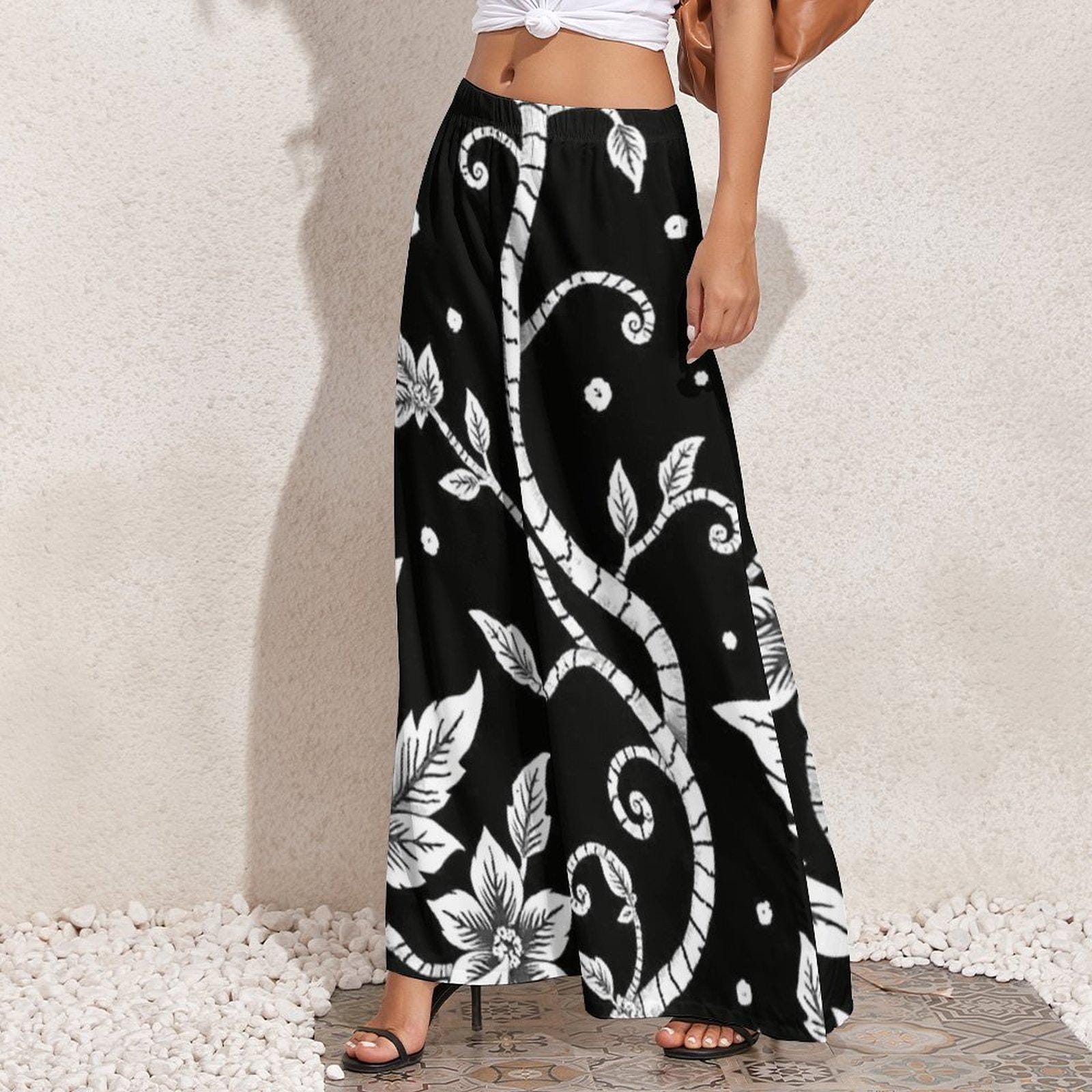 Chic Boho Wide Leg Palazzo Pants: Comfortable Plus Size Lounge Trousers for Women XS-5X, Resortwear, Lightweight Tropical Fabric, Stretchy Waistband, Festival Ready, Breathable and Flattering, Versatile Relaxed Fit, Trendy Bohemian Style