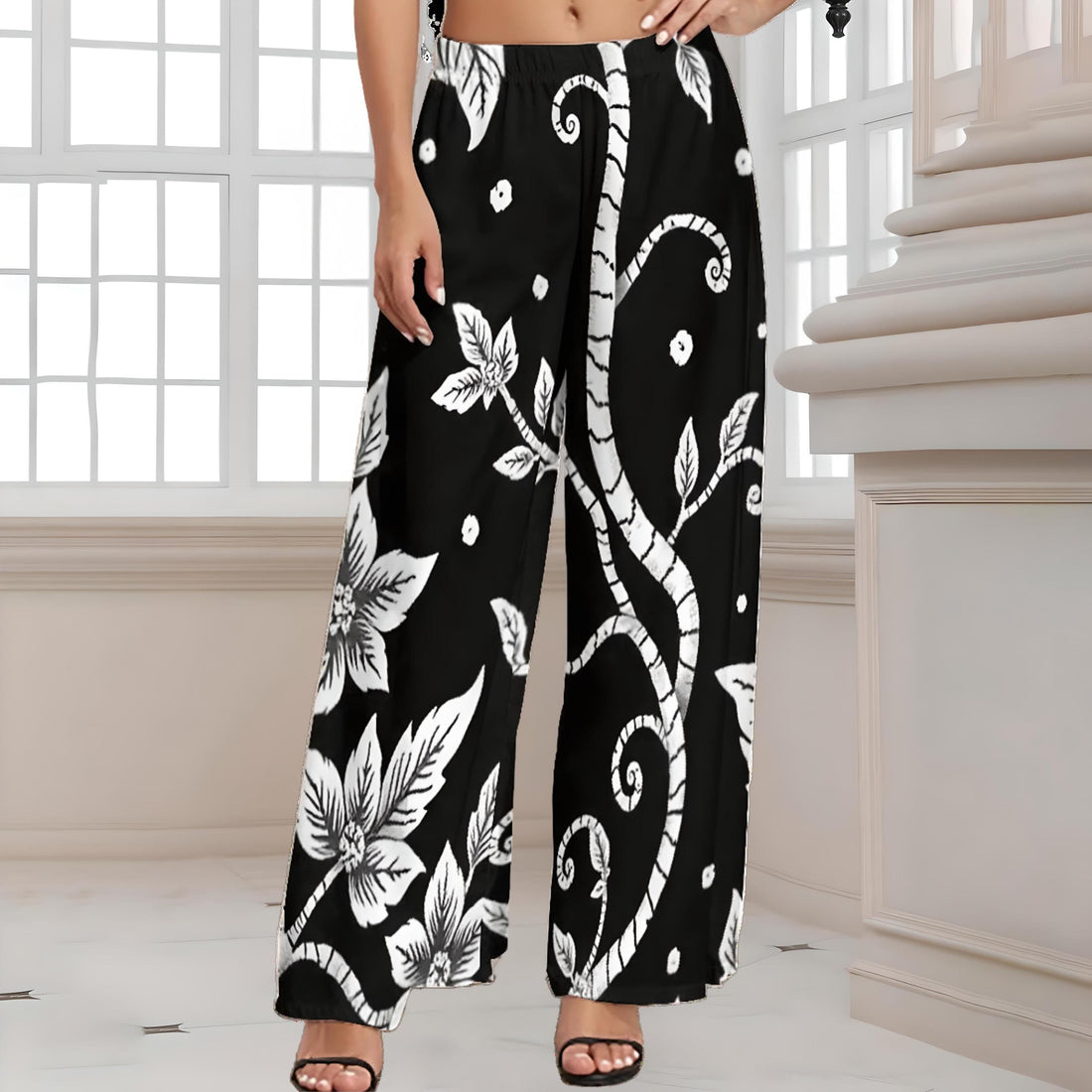 Chic Boho Wide Leg Palazzo Pants: Comfortable Plus Size Lounge Trousers for Women XS-5X, Resortwear, Lightweight Tropical Fabric, Stretchy Waistband, Festival Ready, Breathable and Flattering, Versatile Relaxed Fit, Trendy Bohemian Style