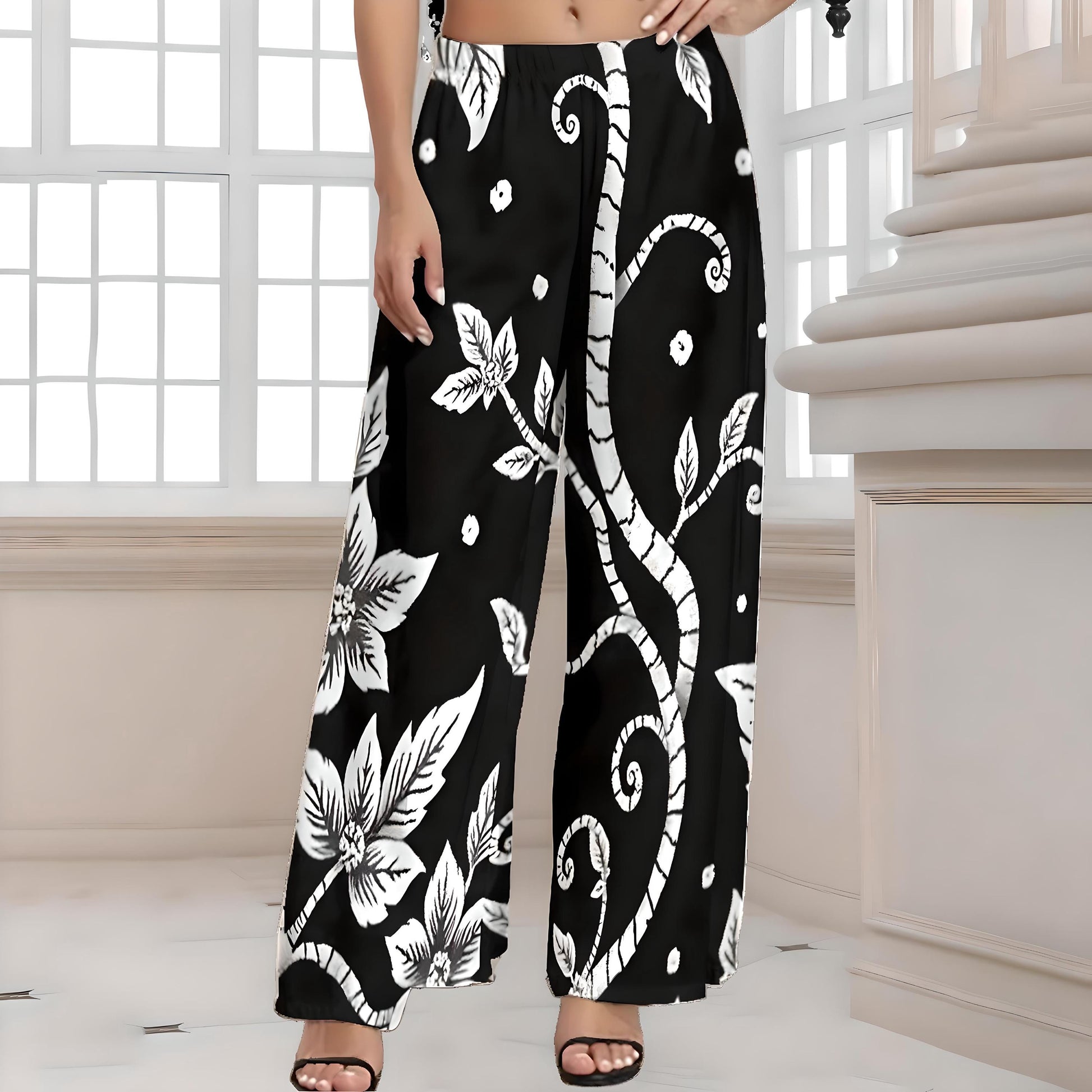 Chic Boho Wide Leg Palazzo Pants: Comfortable Plus Size Lounge Trousers for Women XS-5X, Resortwear, Lightweight Tropical Fabric, Stretchy Waistband, Festival Ready, Breathable and Flattering, Versatile Relaxed Fit, Trendy Bohemian Style